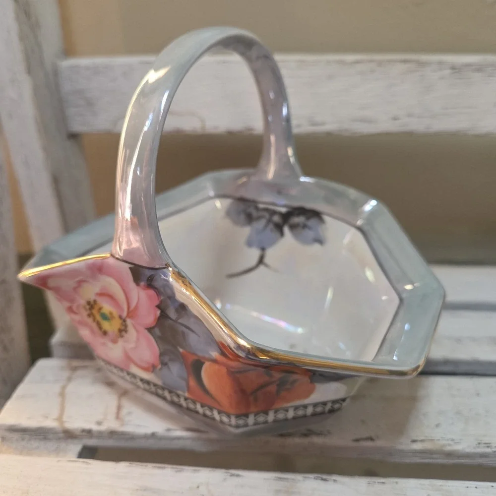 Vintage Lusterware Porcelain Basket with Hand-painted Floal Motif Japan Art Deco